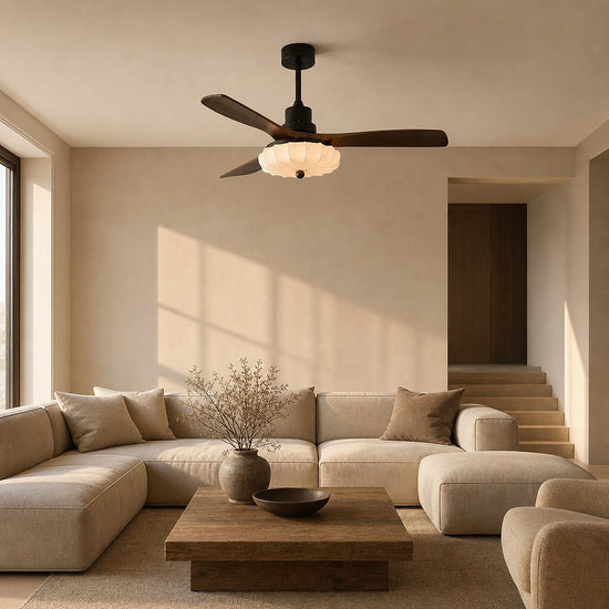 Lotus Bloom Ceiling Fan Light, 36~52-Inch x H 11.8-Inch, Walnut Wood & Black & White, Warm Light for Living Room