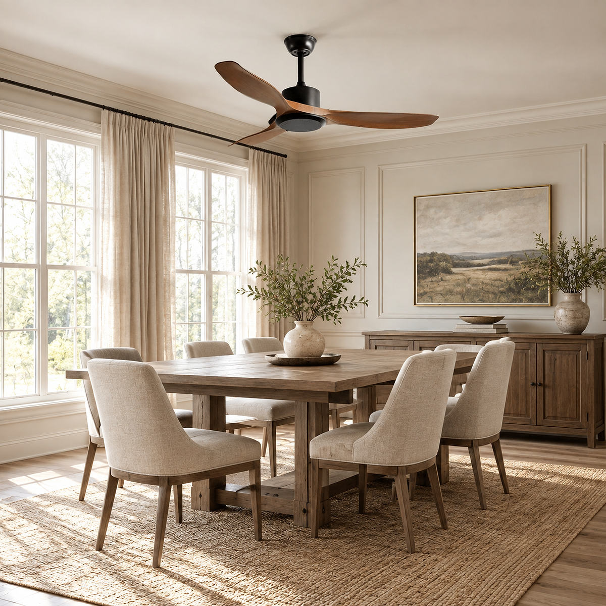 Amelia Ceiling Fan Light, 42~52-Inch x H 9.8-Inch, Natural Wood Grain & White (ABS blades) for Living Room