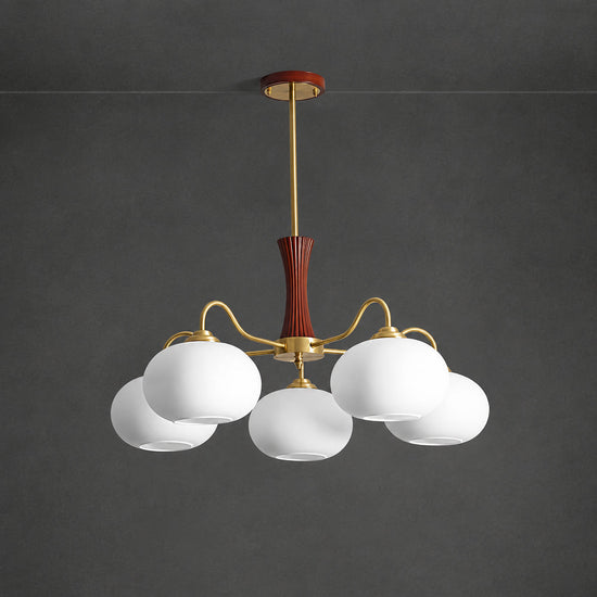 Round Brass and Wood Persimmon Chandelier