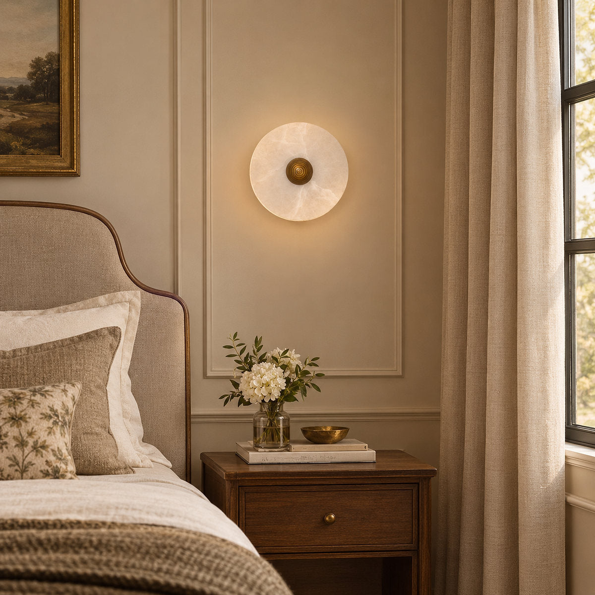 Nayra Alabaster Wall Lamp, 7.9~13.8-Inch, White & Bronze, Triac Warm Dimming for Living Room & Dining Room