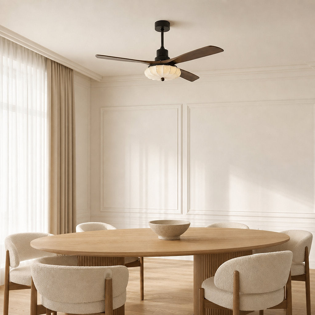 Lotus Bloom Ceiling Fan Light, 36~52-Inch x H 11.8-Inch, Walnut Wood & Black & White, Warm Light for Living Room
