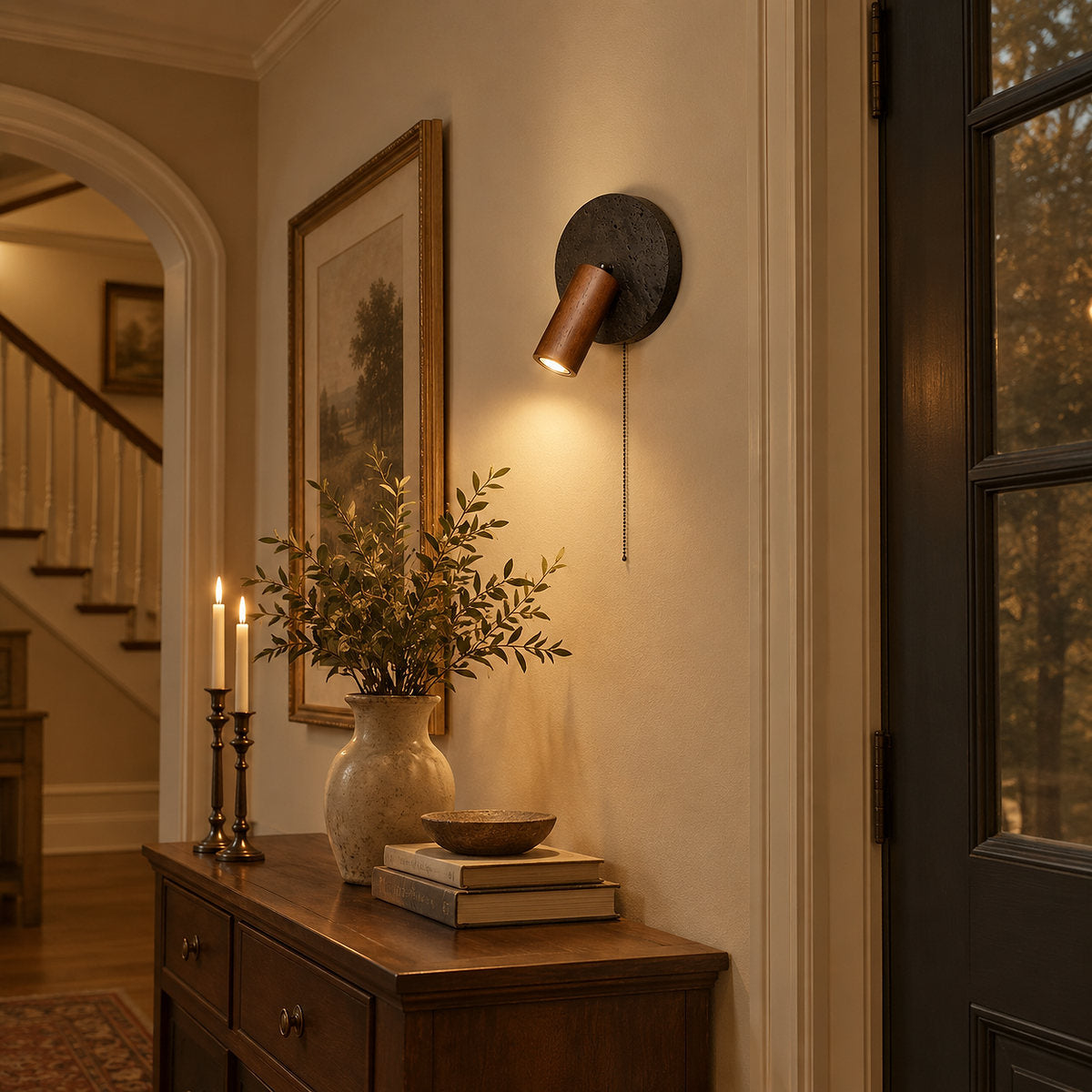Alaric Wall Lamp, 7-Inch x H 3.9-Inch, Walnut Wood & Black Travertine for Living Room & Dining Room