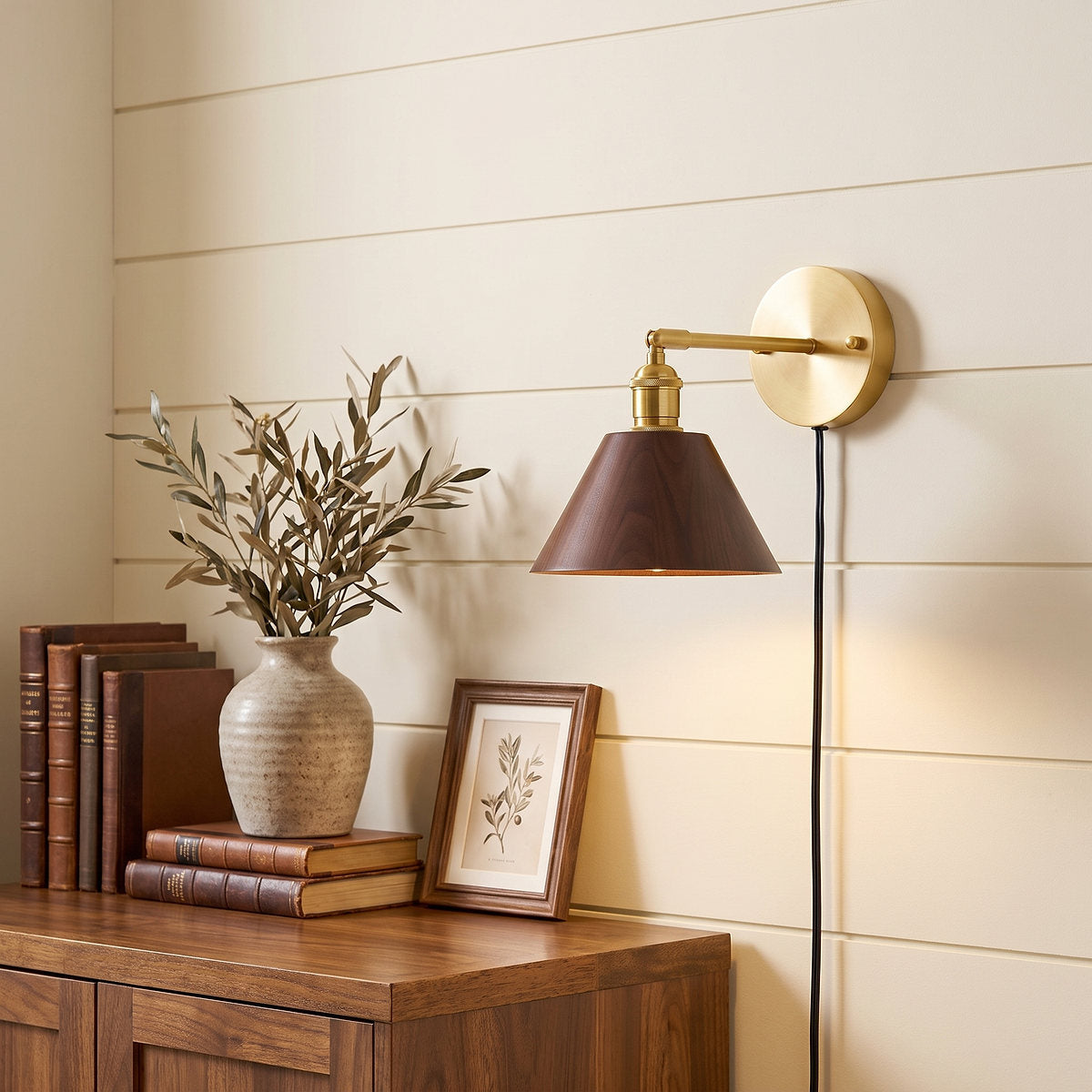 Vintage Wood Plug-in Wall Lamp, 7.1-Inch x H 5.5-Inch, Brass & Walnut Wood, US Plug for Bedroom & Living Room