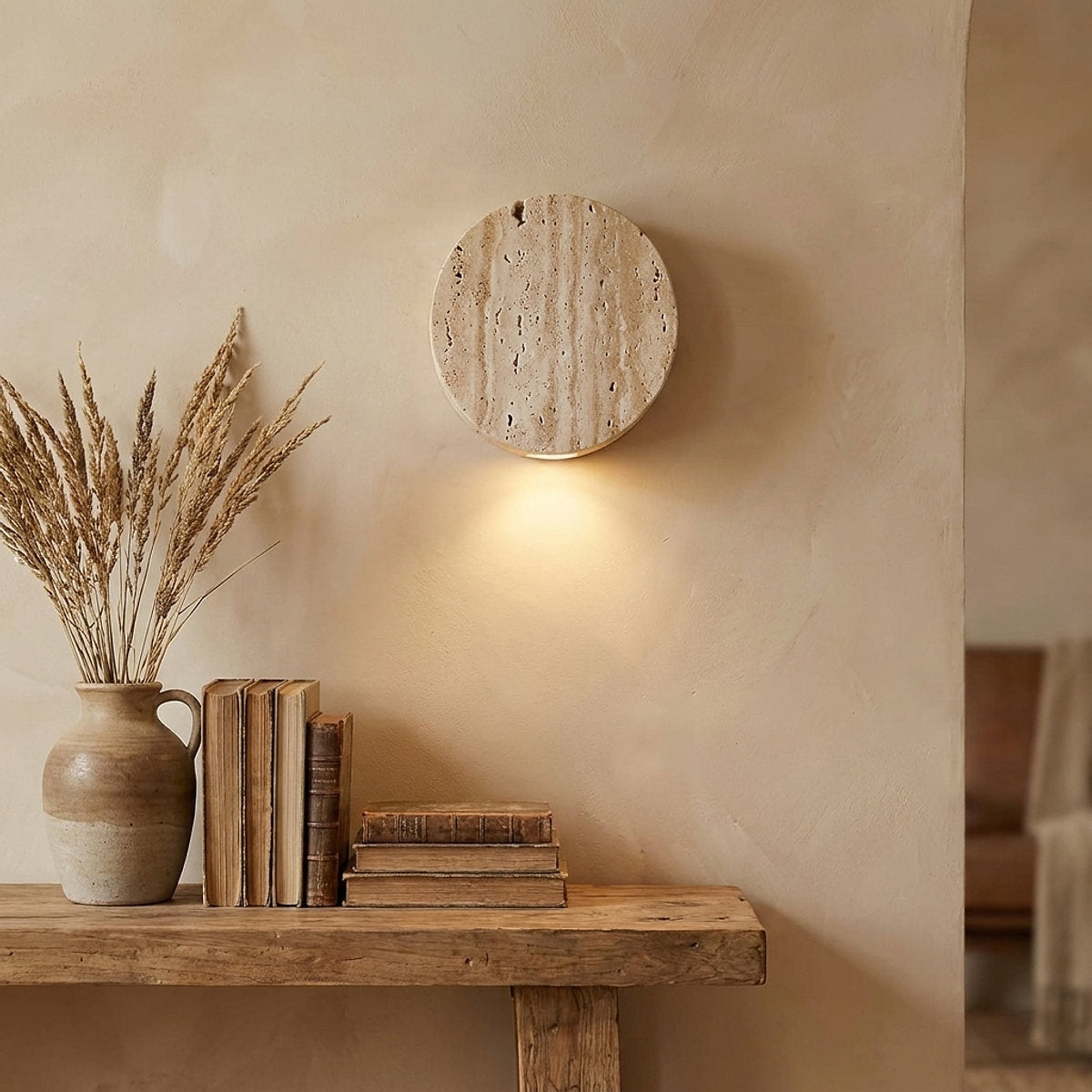 Caelan Travertine Wall Lamp, 3.9-Inch x H 3.9-Inch, Yellow Travertine for Living Room & Dining Room