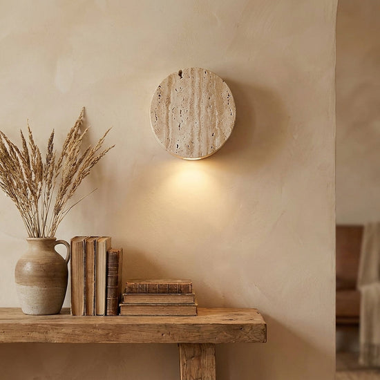 Caelan Travertine Wall Lamp, 3.9-Inch x H 3.9-Inch, Yellow Travertine for Living Room & Dining Room