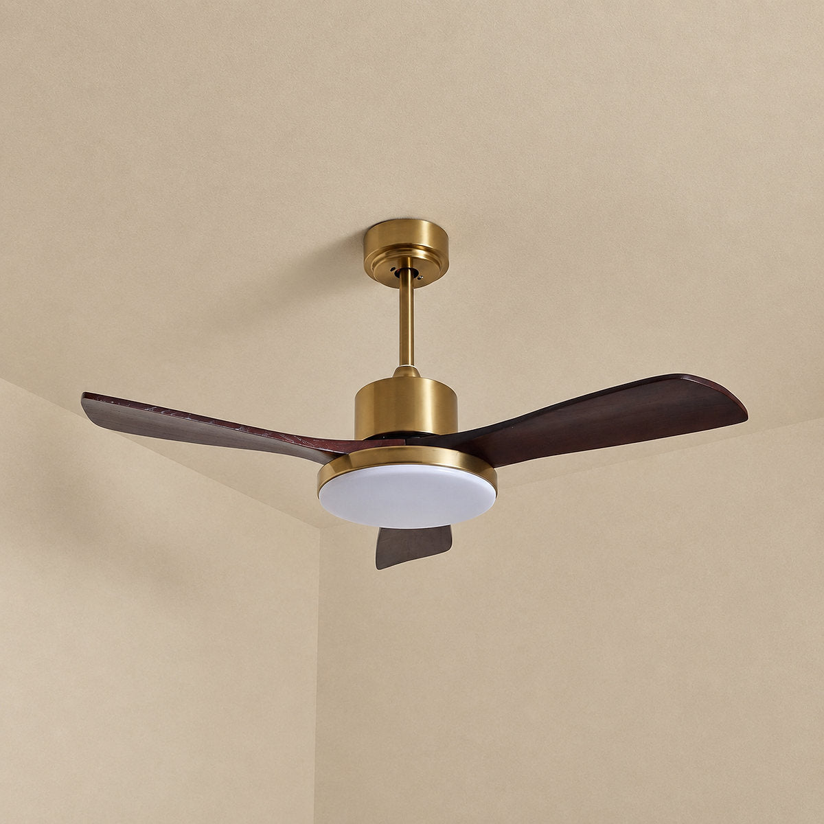 Aurevo Ceiling Fan Light, 36~52-Inch x H 15.7-Inch, Walnut Wood & Gold, Three-Color Light for Living Room
