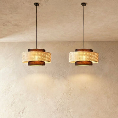 Woven Rattan Drum Shade Pendant Light for Dining Room & Living