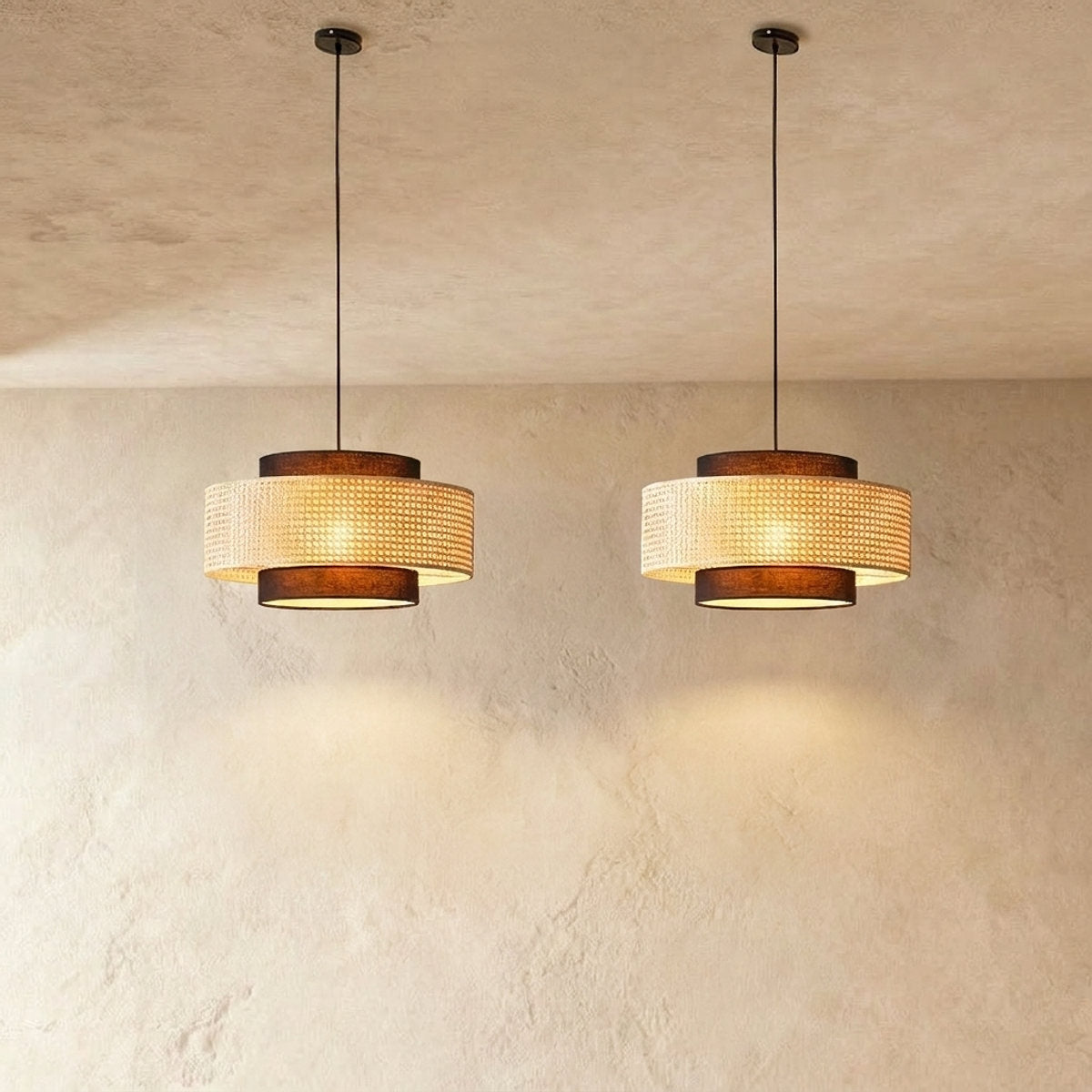 Woven Rattan Drum Shade Pendant Light for Dining Room & Living