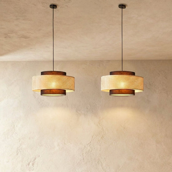 Woven Rattan Drum Shade Pendant Light for Dining Room & Living
