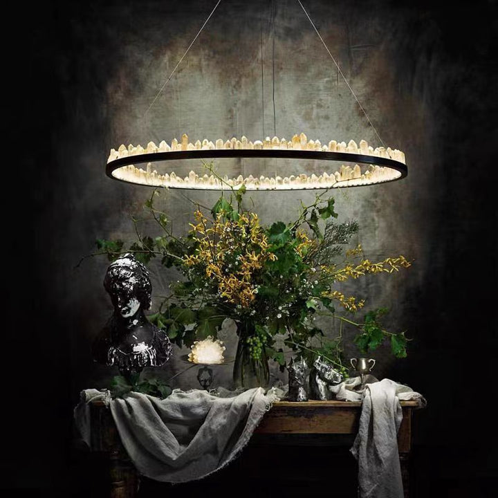 Modern Style Rings Brass & Natural Quartz Crystal Chandelier in Brass/Black Finish