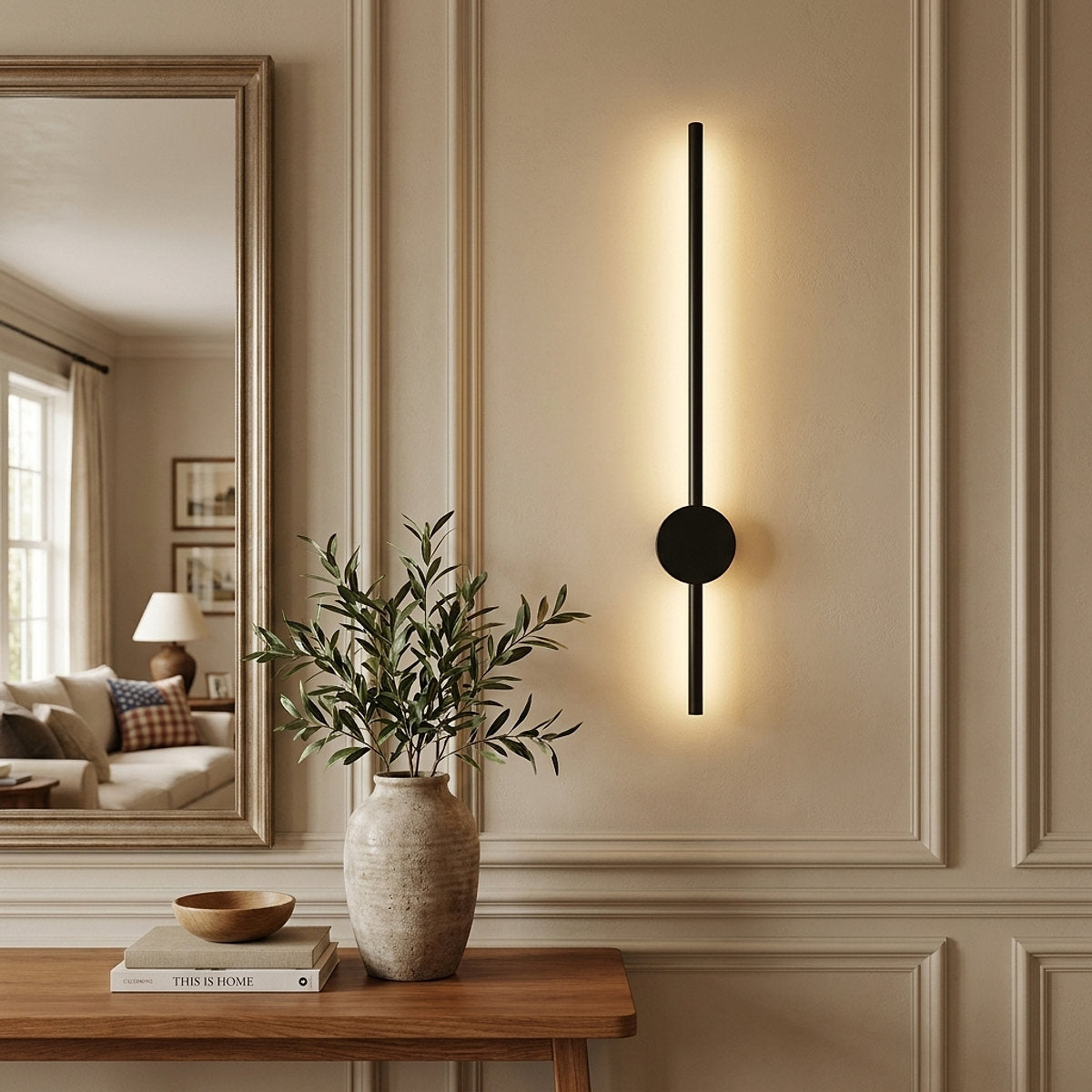Linear LED Rechargeable Wall Lamp, 2.3-Inch x H 23.6~47.2-Inch, Black, Three-Color Light & USB Charging for Bedroom & Living Room