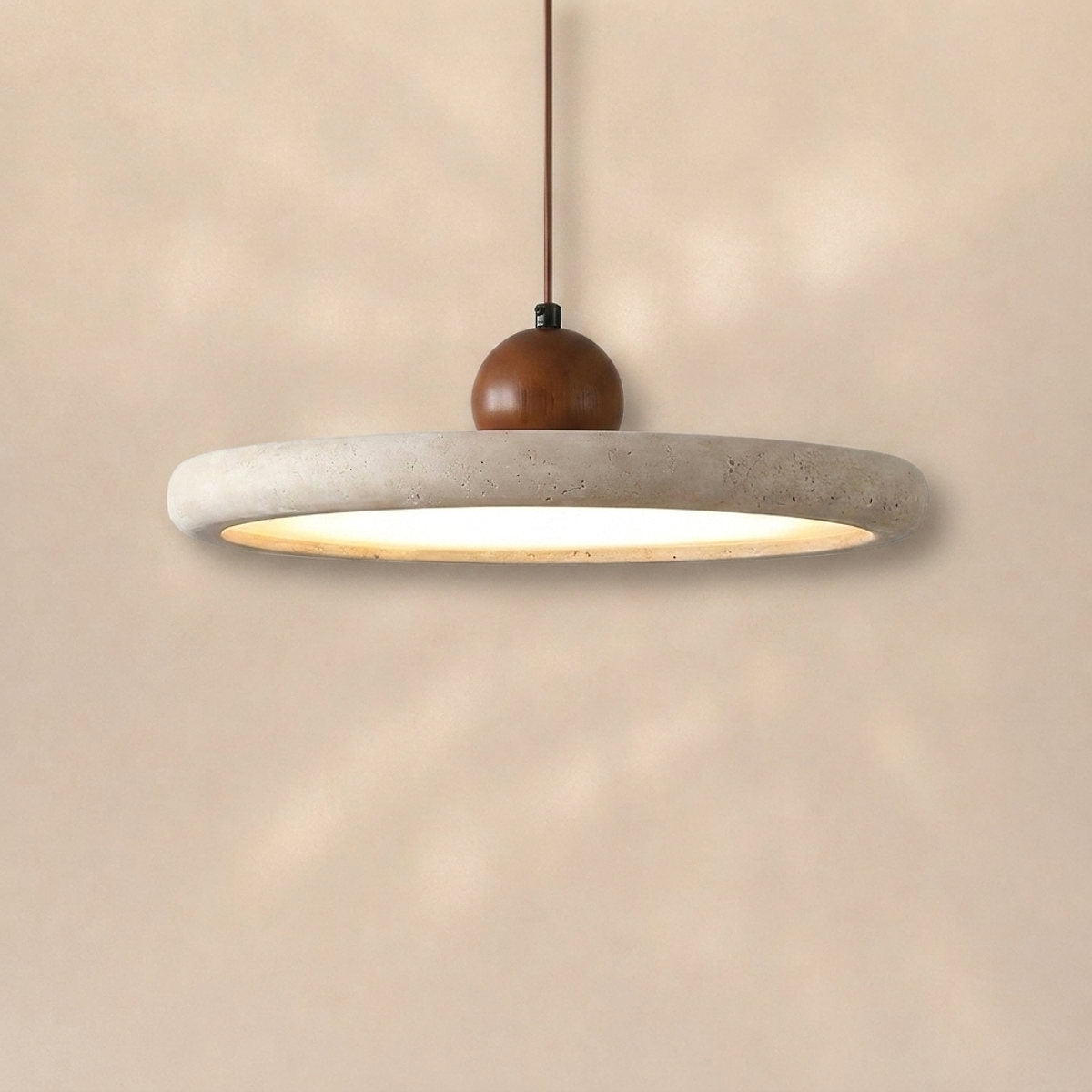 Round Wood and Travertine Pendant Lamp Warm Light for Dining Room & Living Room