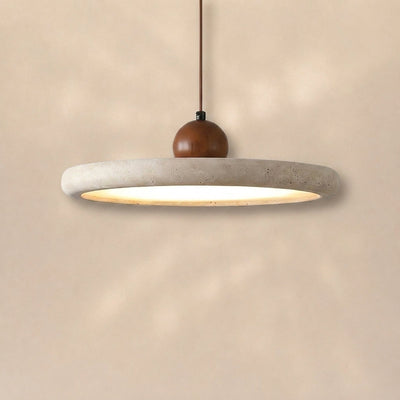 Round Wood and Travertine Pendant Lamp Warm Light for Dining Room & Living Room