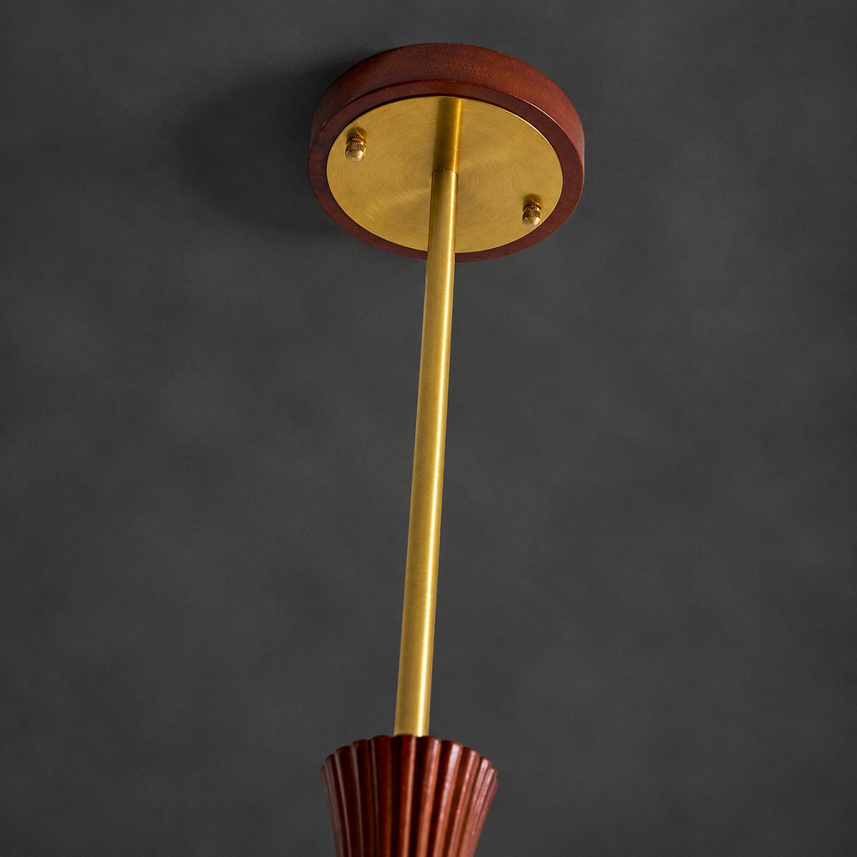 Round Brass and Wood Persimmon Chandelier
