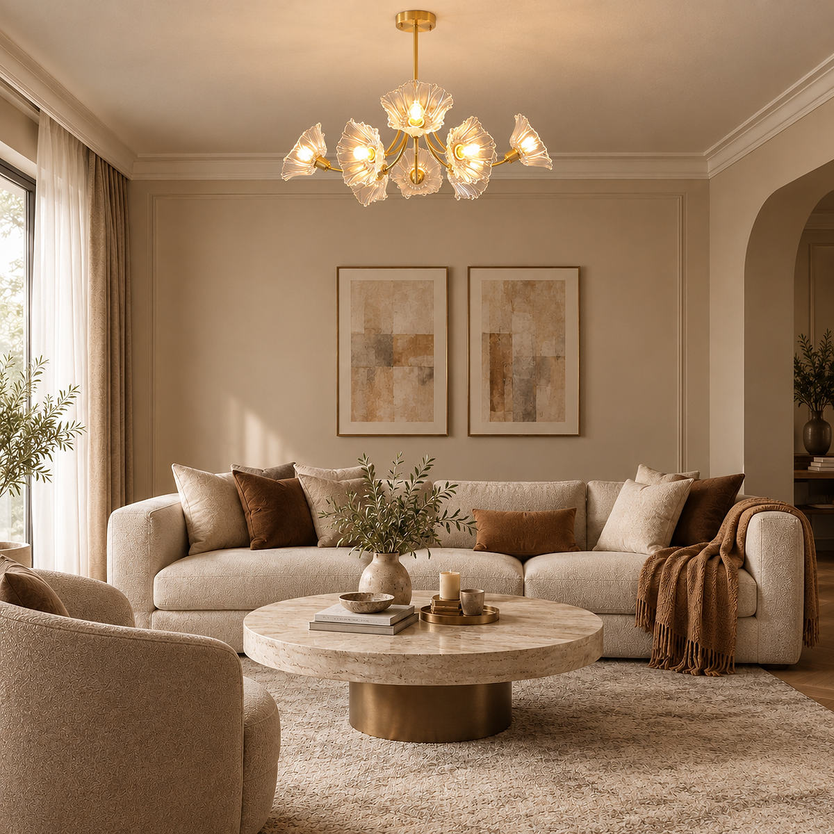 Sculptural Petal Glass Brass Chandelier