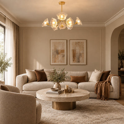 Sculptural Petal Glass Brass Chandelier