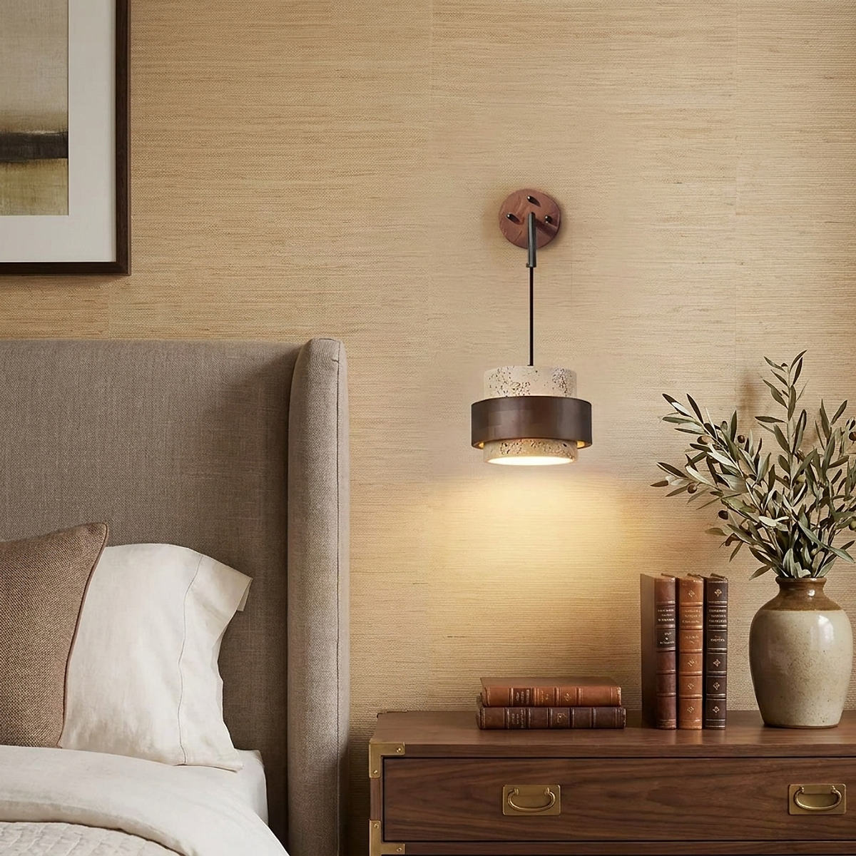 Stonova Travertine Wall Lamp, 6.7-Inch x H 4.9-Inch, Dark walnut & Yellow Travertine for Living Room & Dining Room