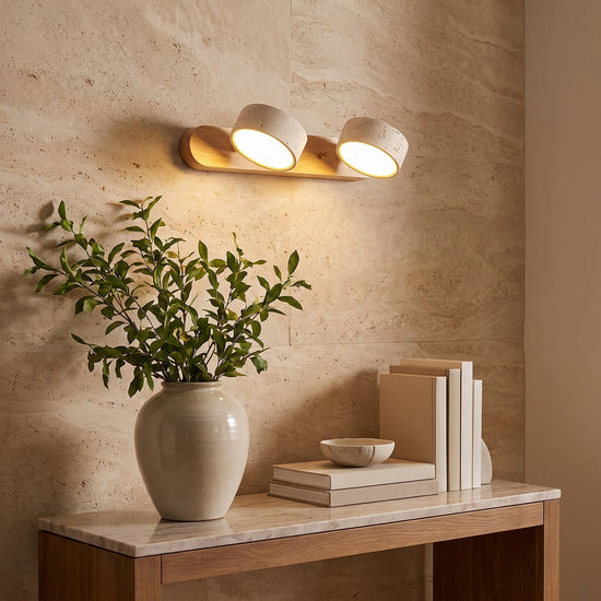 Travertine Duo Rechargeable Wall Lamp, 12.6-Inch ~27.6-Inch, Wood & Yellow Travertine, Three-Color Light & USB Charging for Bedroom & Living Room