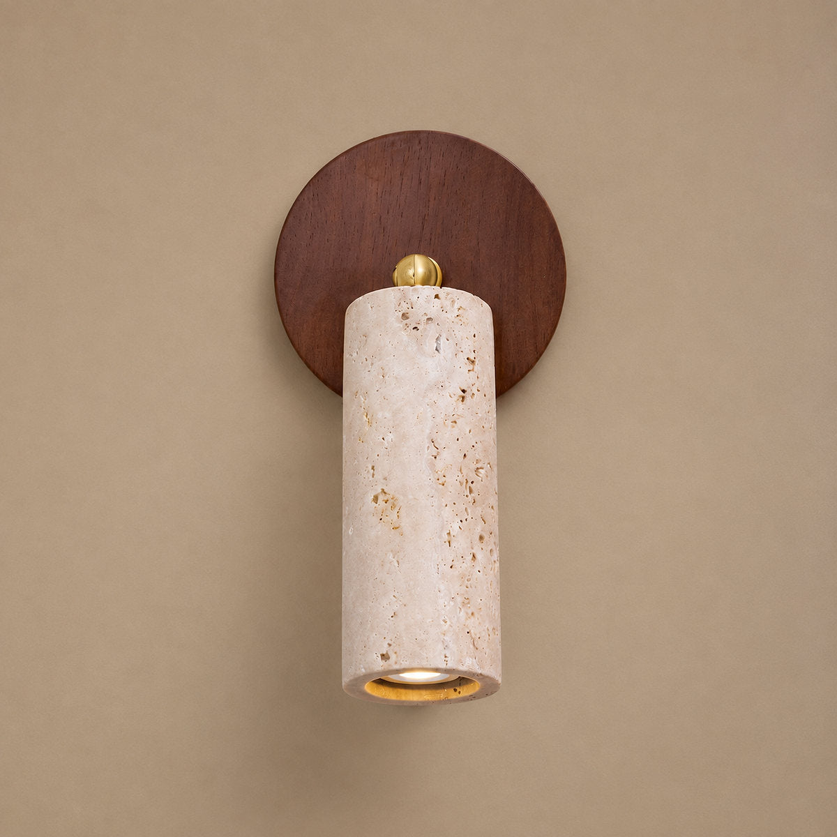 Solis Stone Spotlight, 2.6-Inch x H 6.3-Inch, Walnut Wood & Yellow Travertine, Warm Light for Bedroom & Living Room