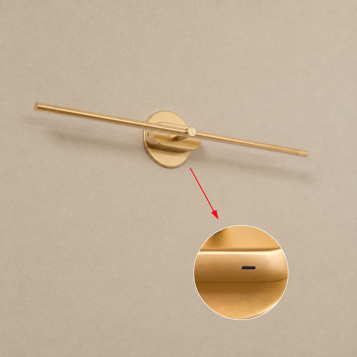 Minimalist Linear Rechargeable Wall Lamp, L 27~50-Inch x H 2-Inch, Gold, Three-Color Light & USB Charging for Bedroom & Living Room