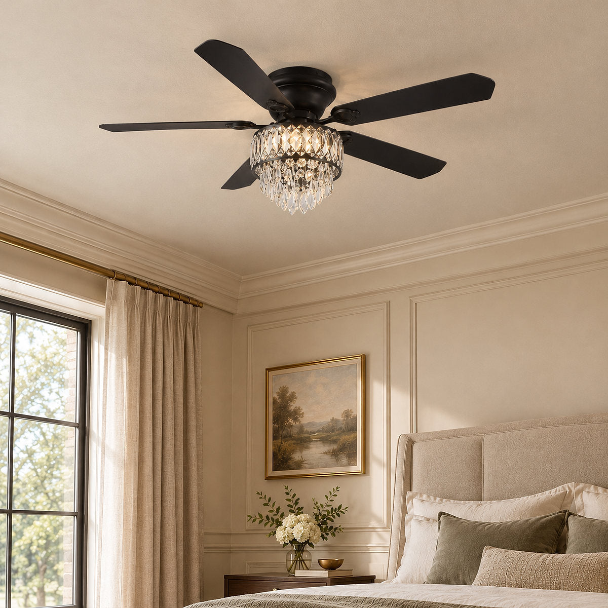Tricolordeer Tiered Crystal Chandelier Black Ceiling Fan
