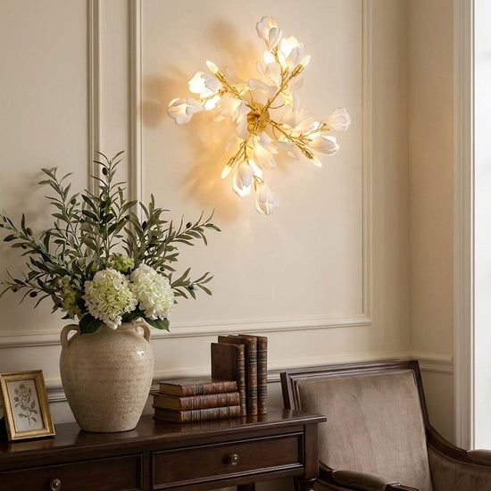 Gingko Flowers Wall Lamp, 11.8-Inch x H 23.6-Inch, Gold & White for Living Room & Dining Room