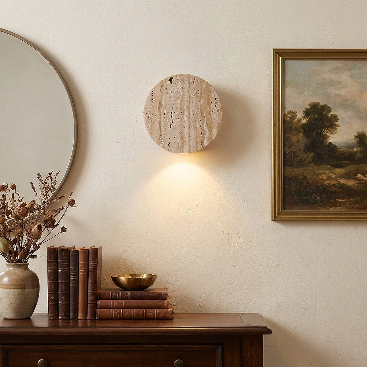Caelan Travertine Wall Lamp, 3.9-Inch x H 3.9-Inch, Yellow Travertine for Living Room & Dining Room