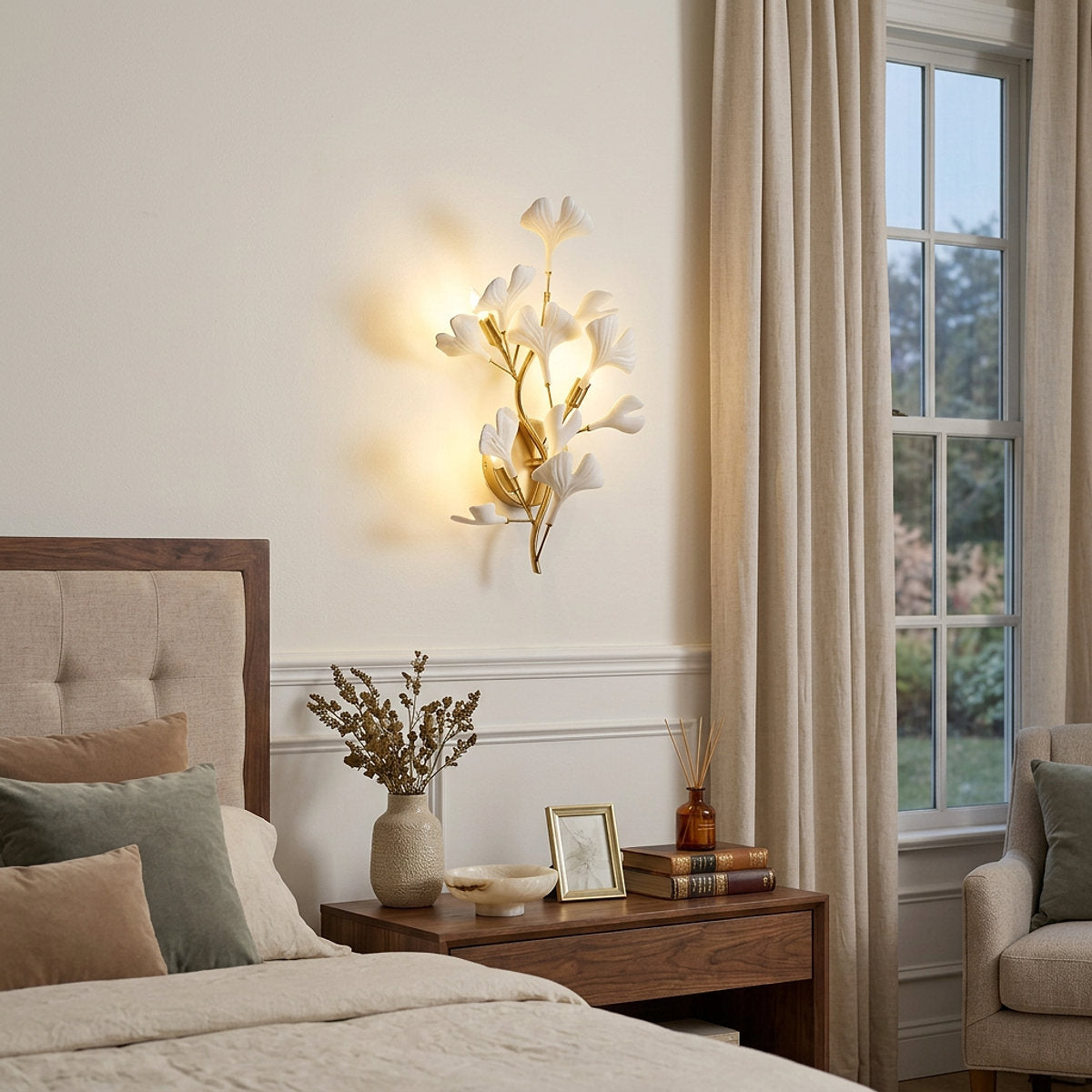 Gingko Wall Lamp, 13.8~15.7-Inch x H 19.7~23.6-Inch, Gold & White for Living Room