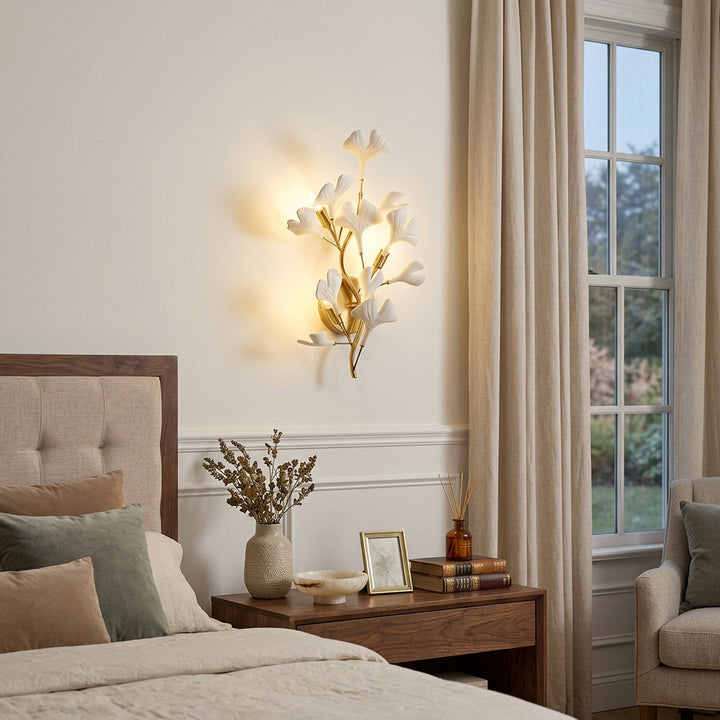Gingko Wall Lamp, 13.8~15.7-Inch x H 19.7~23.6-Inch, Gold & White for Living Room