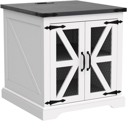 Farmhouse End Table with Charging Station, Rustic Wood Nightstand