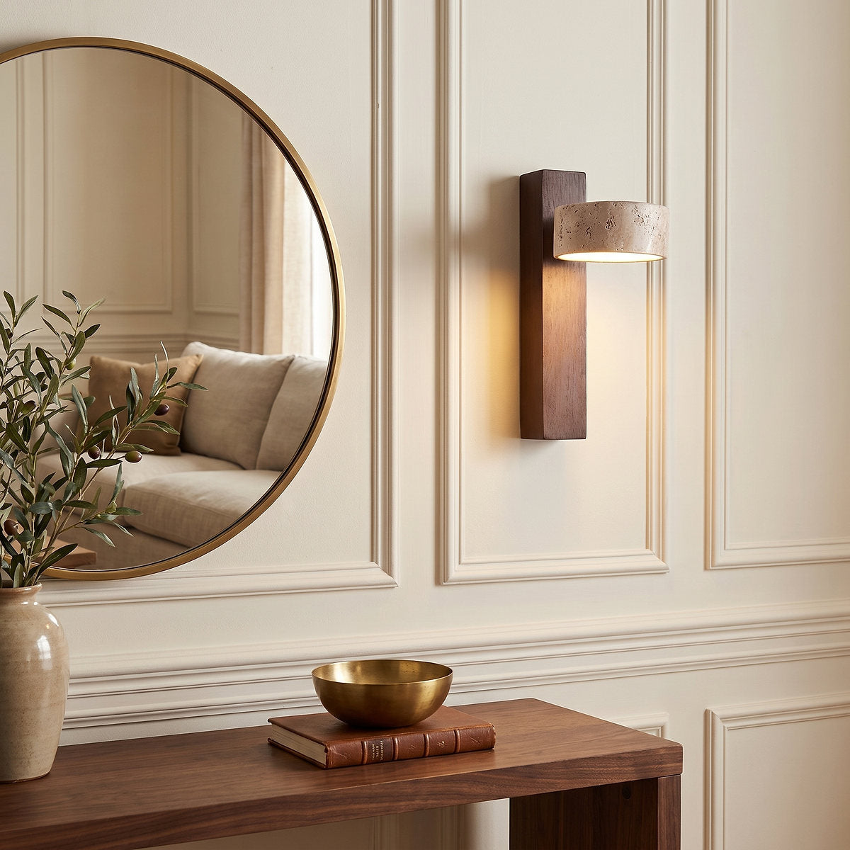Grove Beam Wall Lamp, 3.9-Inch x H 9.1-Inch, Walnut wood & Yellow Travertine, Warm Light for Living Room & Dining Room