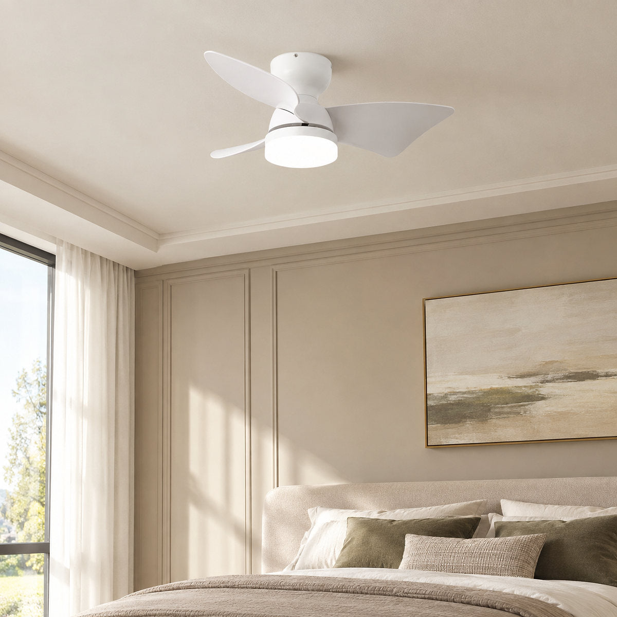 Calix 28" Ceiling Fan Light, 28-Inch x H 9.8-Inch, Model A Natural Wood Grain & White, Three-Color Light for Living Room