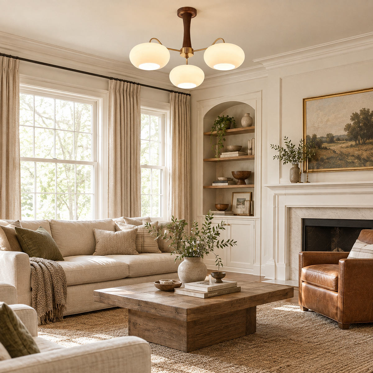 Round Brass and Wood Persimmon Chandelier