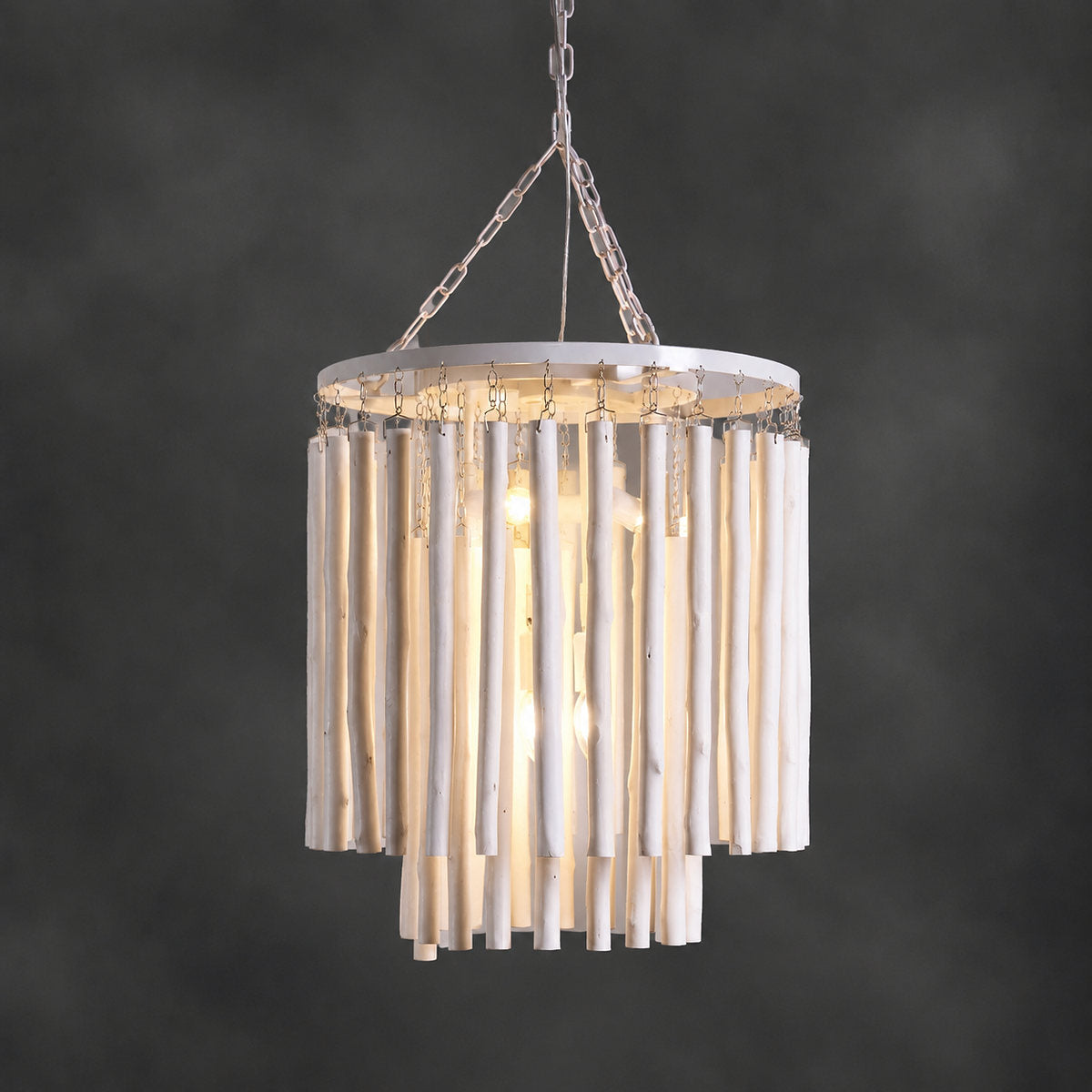 Tiered Wood and Curved Iron Chandelier