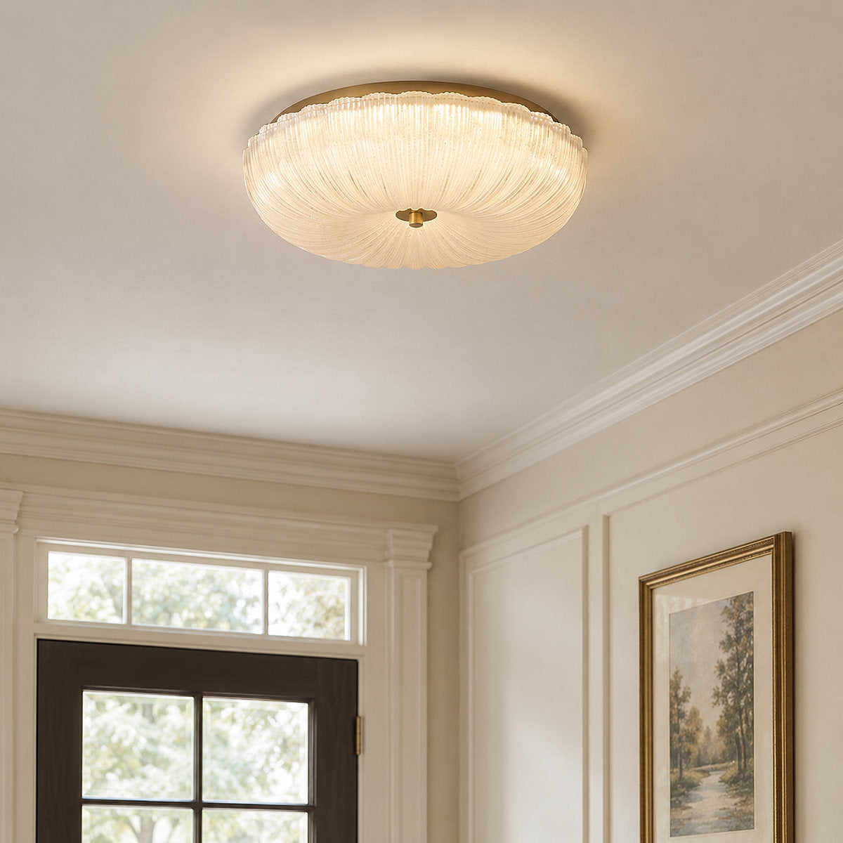 Ripple Glass Ceiling Light, 7.9-Inch x H 4.7-Inch, Gold & Frosted White, Warm Light for Living Room & Bedroom