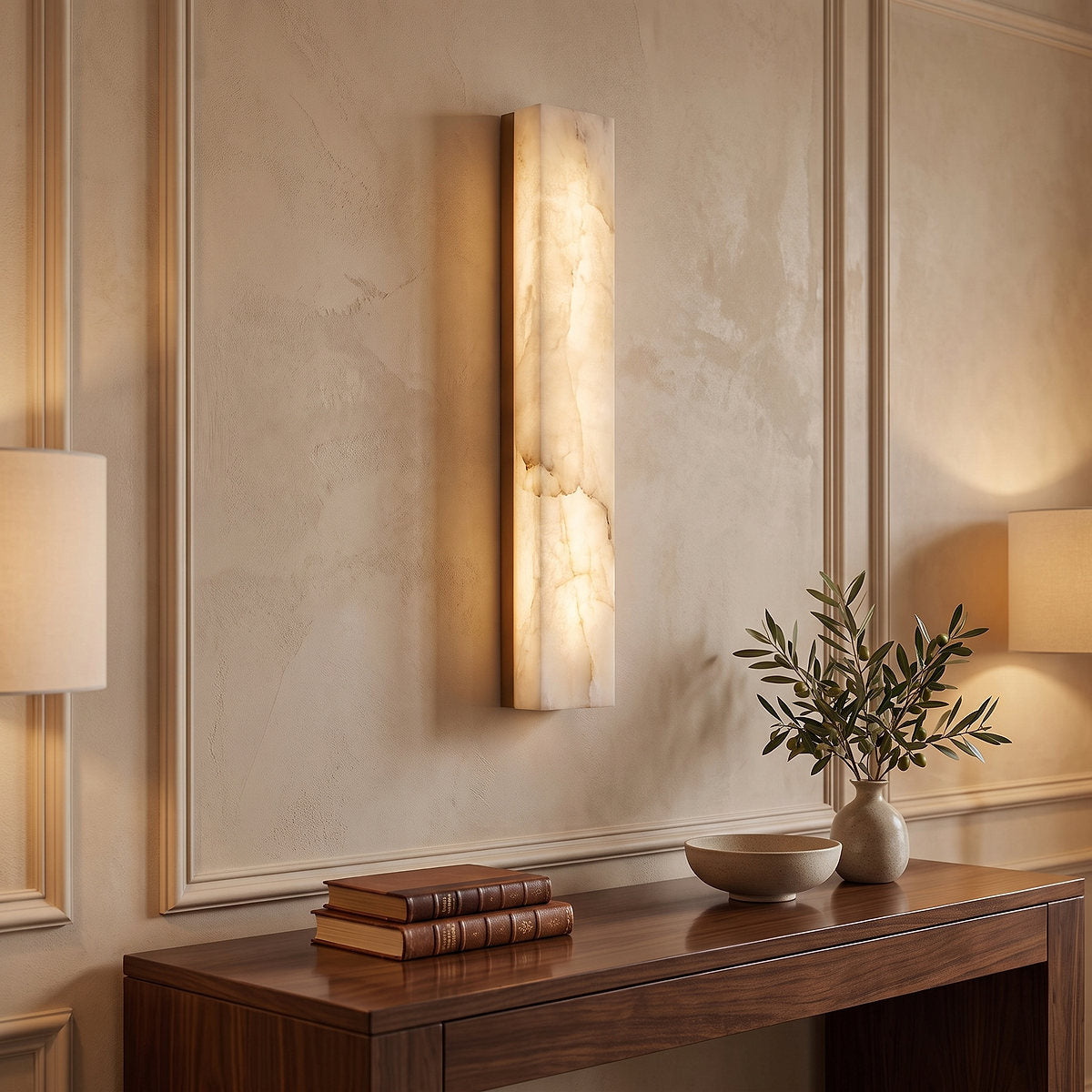 Emerson Alabaster Wall Lamp, 2.4-Inch x H 23.6-Inch, Brass & White, Triac Warm Dimming for Living Room & Dining Room