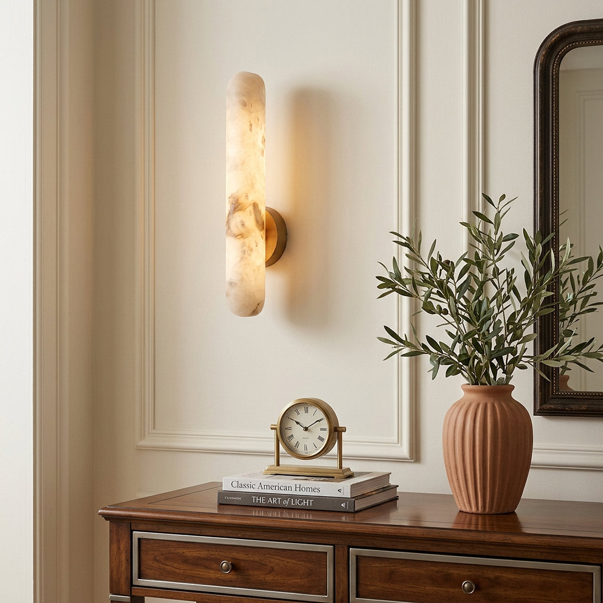 Alabaster Rod Wall Lamp, 1.9-Inch x H 15.7~23.6-Inch, Brass & White, Warm Light for Living Room & Dining Room