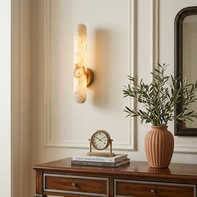 Alabaster Rod Wall Lamp, 1.9-Inch x H 15.7~23.6-Inch, Brass & White, Warm Light for Living Room & Dining Room