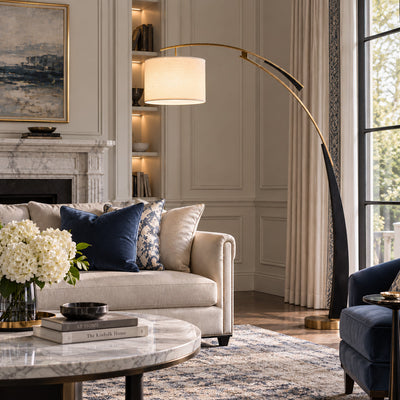 Tricolordeer Curved Black and Gold Fabric Floor Lamp