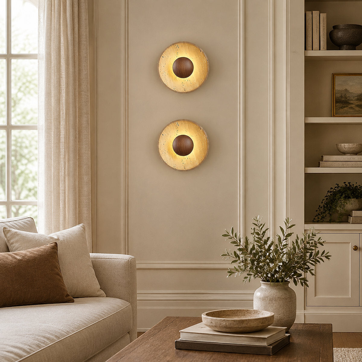 Halo Travertine Wall Lamp, 9.8-Inch x H 9.8-Inch, Wood & Yellow Travertine, Warm Light for Living Room & Dining Room