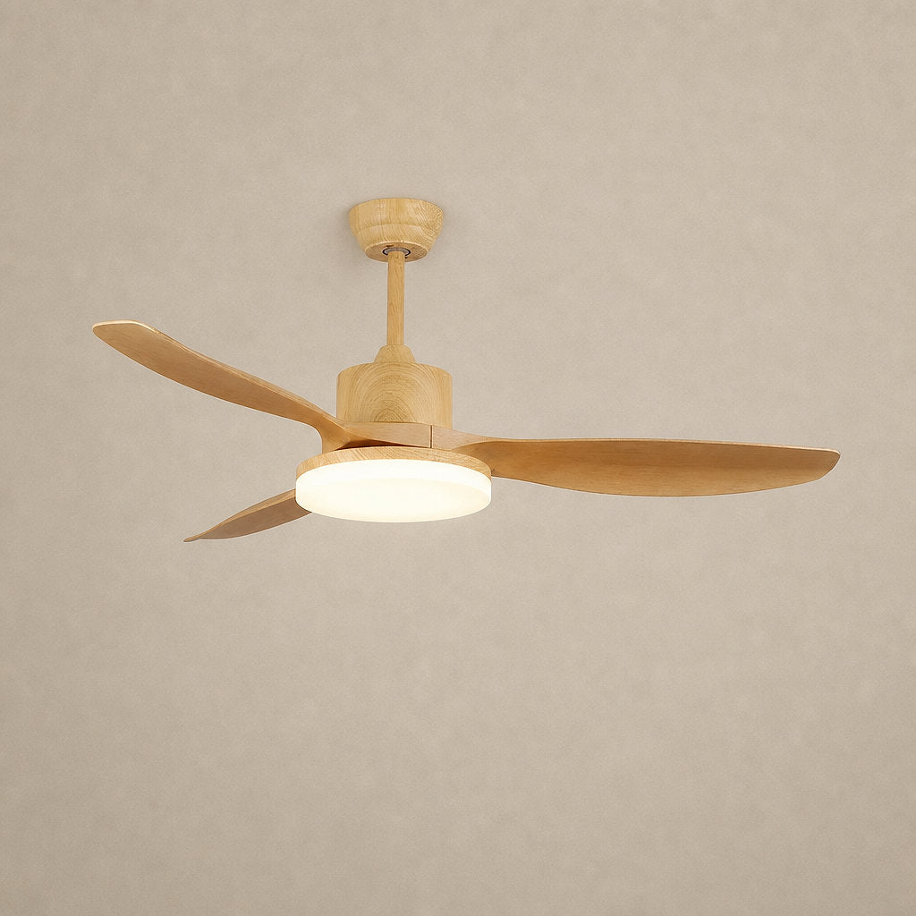 Keltis 48"/52" Ceiling Fan Light, 48~52-Inch x H 11.8-Inch, Model F Natural Wood Grain (ABS blades), Three-Color Light for Living Room