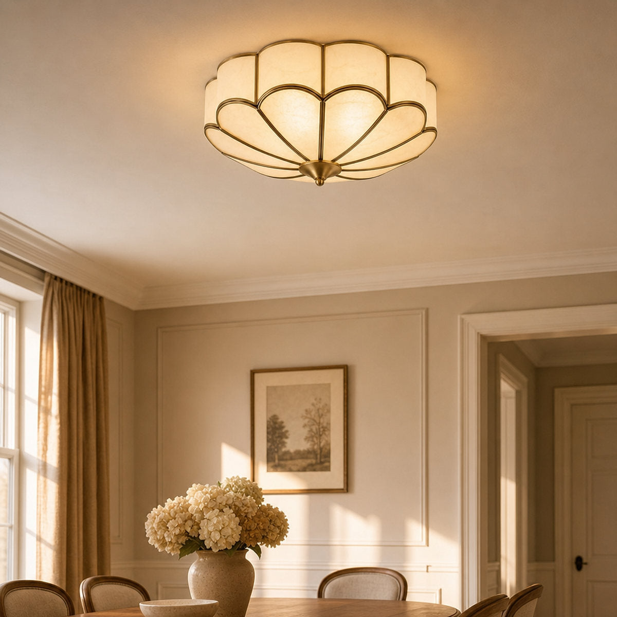 Flower Shape Glass Recessed Ceiling Light, 13.8~23.6-Inch x H 6.1`7.9-Inch, Brass & White for Living Room