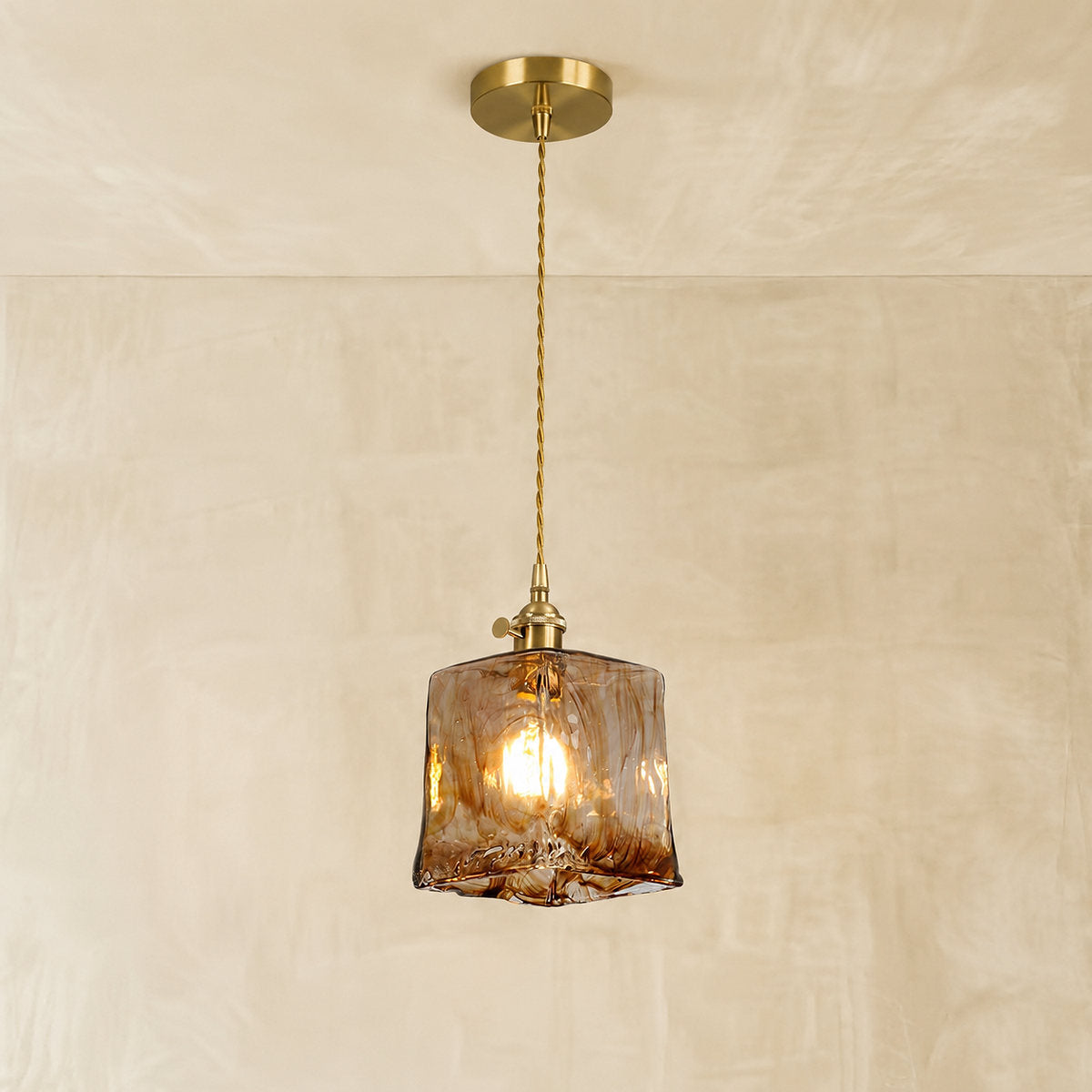 Artisanal Brown Blown Glass Brass Pendant for Dining Room & Living Room