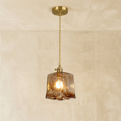 Artisanal Brown Blown Glass Brass Pendant for Dining Room & Living Room