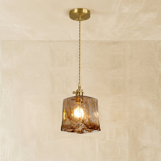 Artisanal Brown Blown Glass Brass Pendant for Dining Room & Living Room