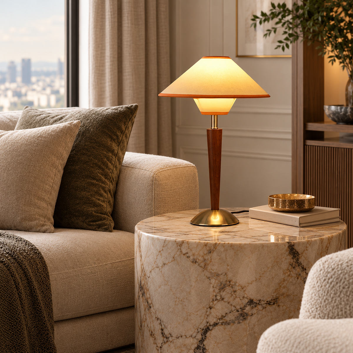 Tricolordeer Walnut Wood and Fabric Table Lamp