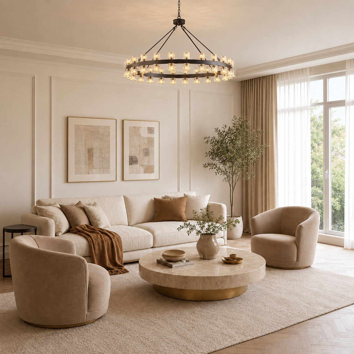 Tricolordeer Brass Ring Chandelier with 48/60 Lights (Brushed Brass / Matte Black)