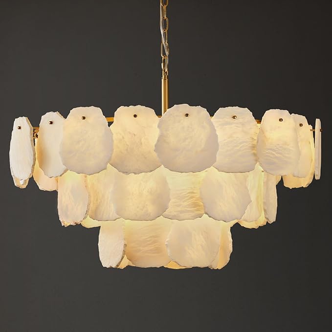 Three-tiered alabaster round chandelier 32"