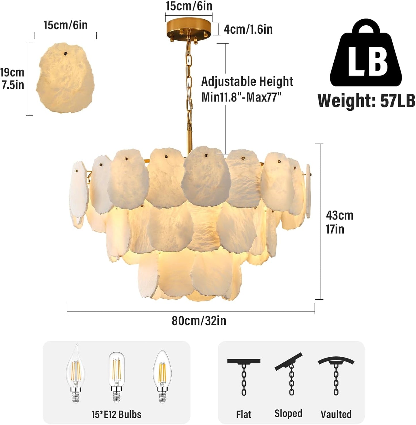Three-tiered alabaster round chandelier 32"