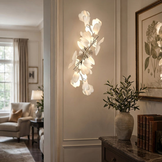 Gingko Flowers Wall Lamp, 11.8-Inch x H 23.6-Inch, Gold & White for Living Room & Dining Room
